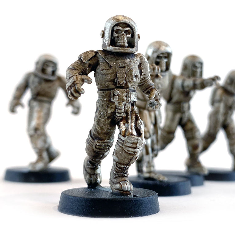 Unpainted 28mm miniatures of Star Schlock's sci-fi undead astronauts.