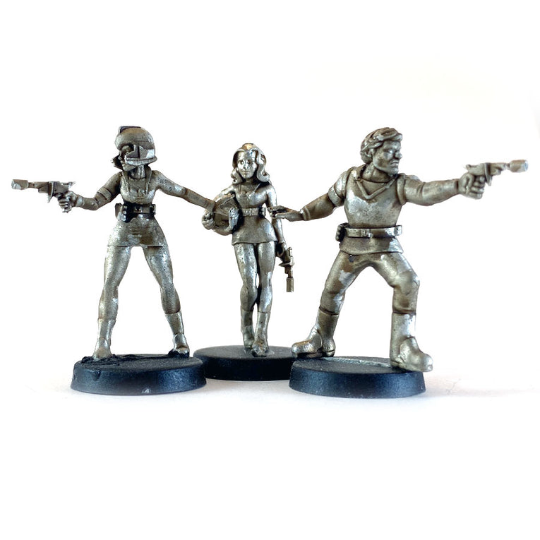 Unpainted 28mm sci-fi miniatures of Star Schlock's Union heroes.