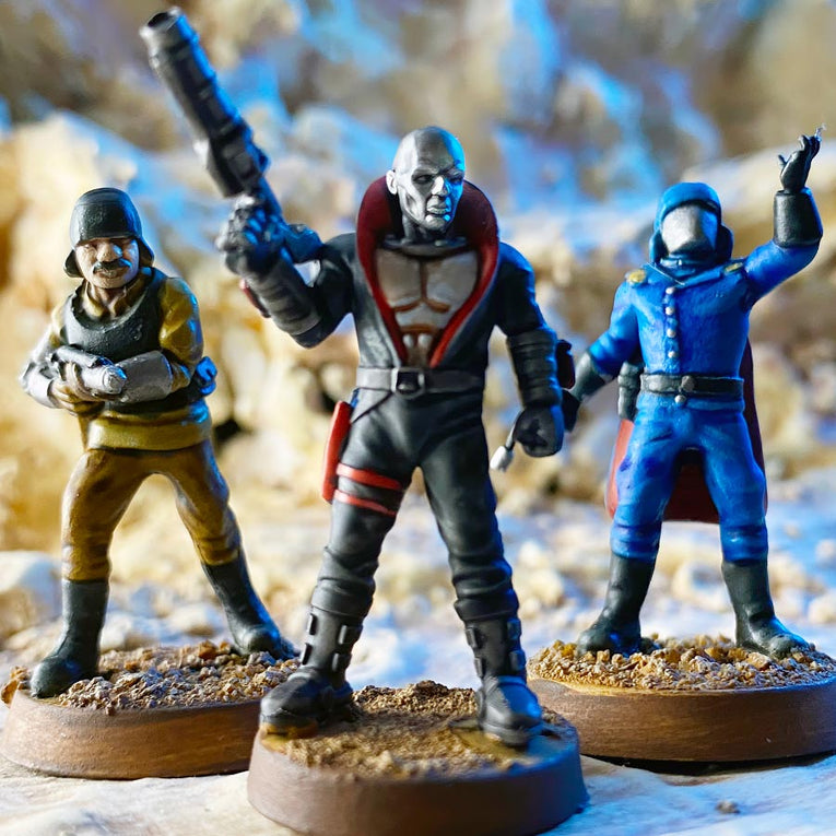 Painted 28mm sci-fi miniatures of Star Schlock's Viper Leaders.