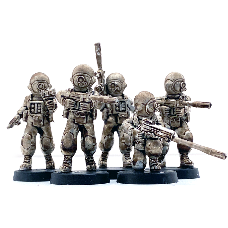 Unpainted 28mm miniatures of Star Schlock's sci-fi astronauts in pressure suits, the Colonial Shocktroops.