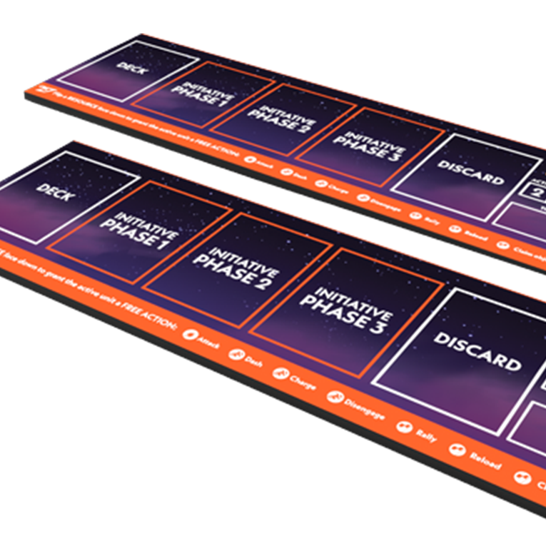 Game mat with phases and deck labels for use in the Star Schlock tabletop miniatures wargame.