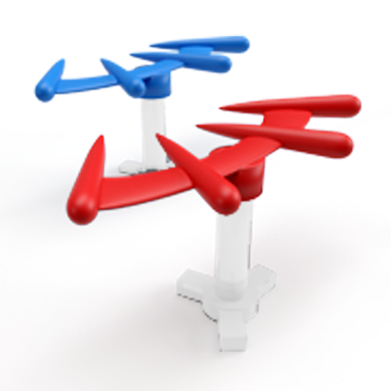 Red and blue plastic "fired" tokens for use in the Star Schlock tabletop miniatures wargame.