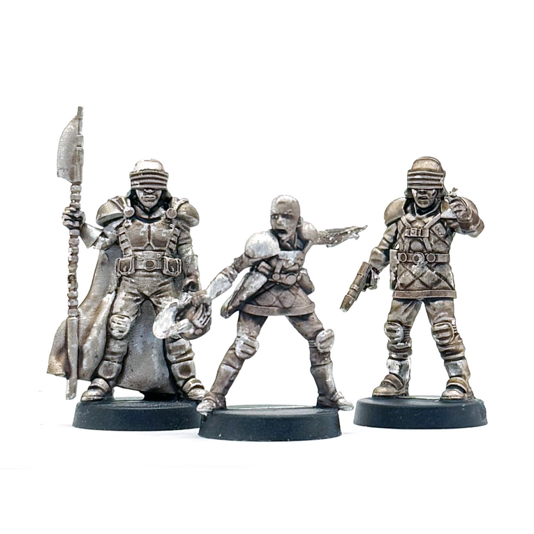 Painted 28mm miniatures of Star Schlock's heroic leaders of the Astroguard.