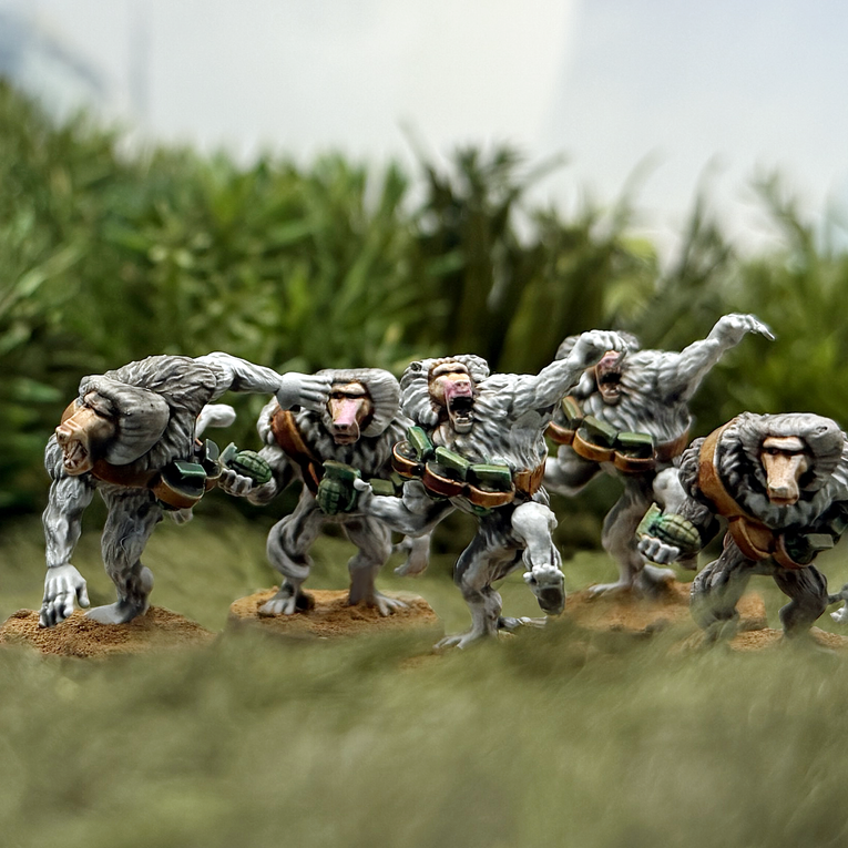 Painted 28mm miniatures of Star Schlock's bomb throwing monkeys, the Babooms!
