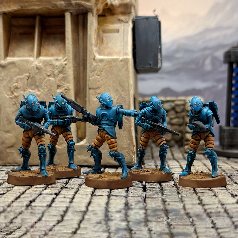 Painted 28mm miniatures of Star Schlock's aliens in power armor, the Coalition Guard.