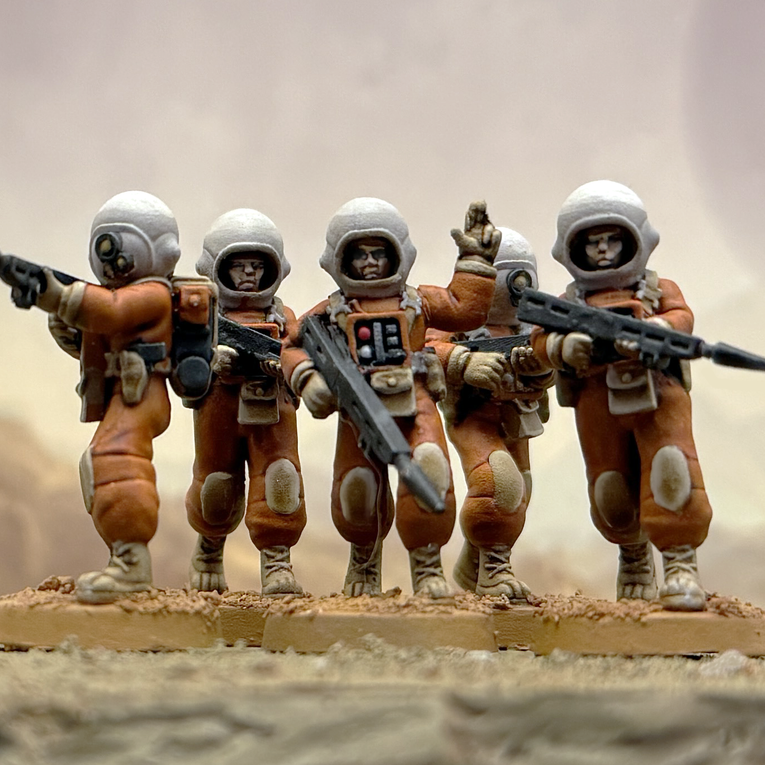 Painted 28mm miniatures of Star Schlock's sci-fi infantry in astronaut space suits, the Colonial Conscripts.