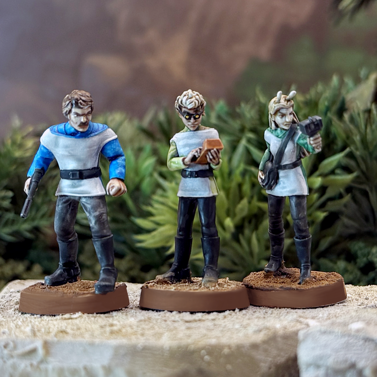 Painted 28mm miniatures of Star Schlock's sci-fi explorer officers.