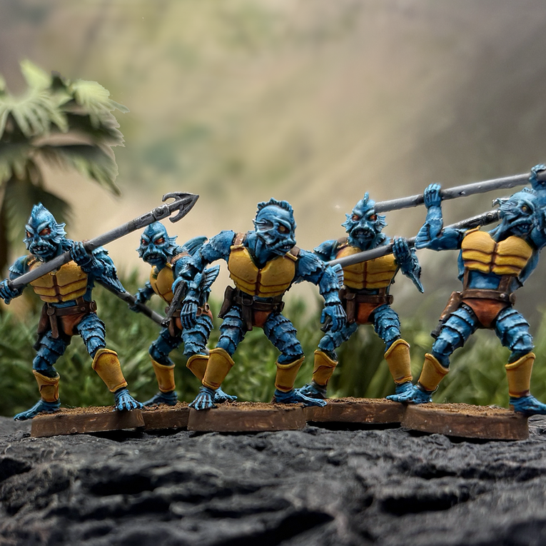 Painted 28mm miniatures of Star Schlock's sci-fi fantasy aquatic fish people, the Gillcreeps.
