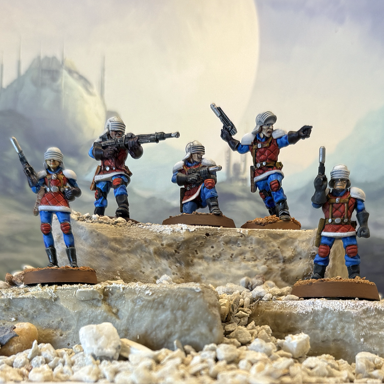 Painted 28mm miniatures of Star Schlock's heroic sci-fi infantry armed with a light support weapon, the Astroguards.