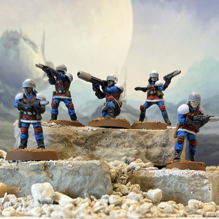 Painted 28mm miniatures of Star Schlock's heroic sci-fi infantry, the Astroguards with heavy meson weapon.