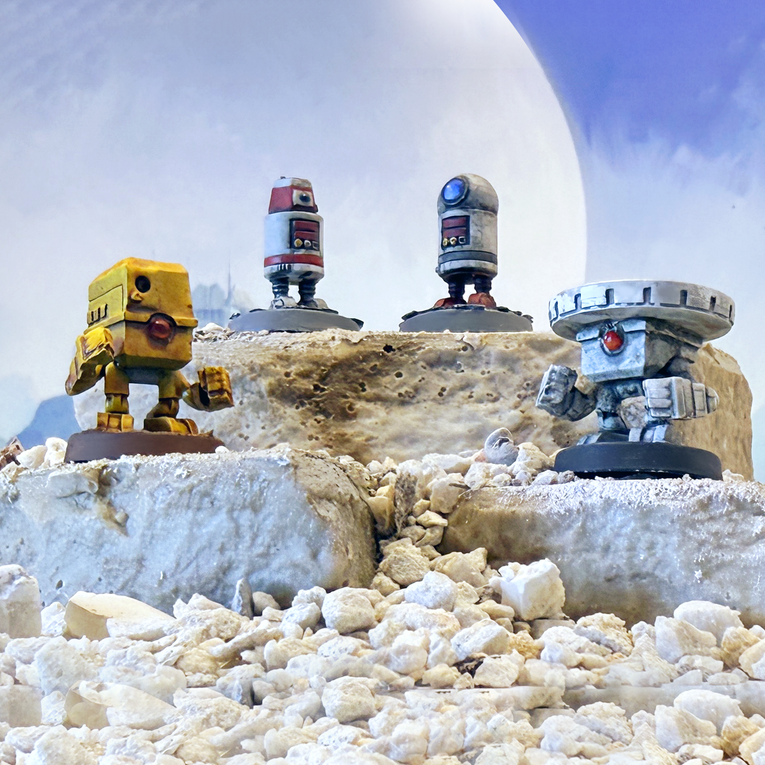 Painted 28mm miniatures of Star Schlock's robot figures.