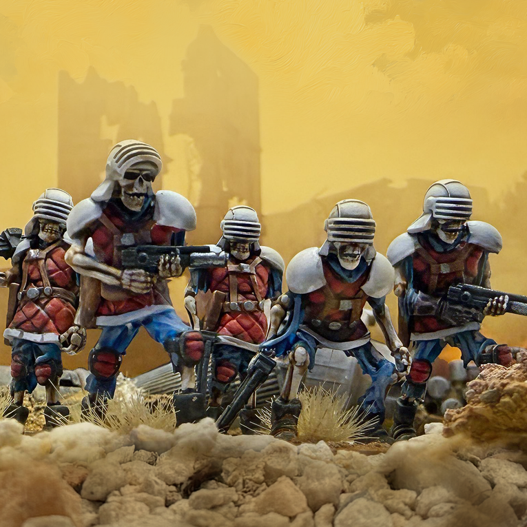 Painted 28mm miniatures of Star Schlock's sci-fi undead infantry, the Necroguard.