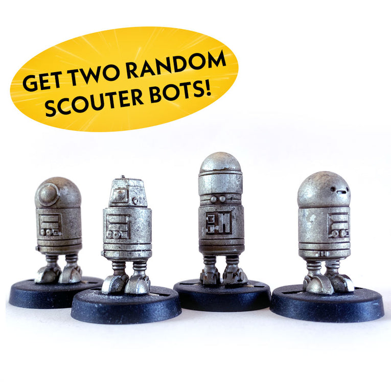 Unpainted 28mm miniatures of Star Schlock's robot figures.