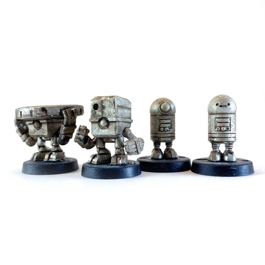 Unpainted 28mm miniatures of Star Schlock's robot figures.