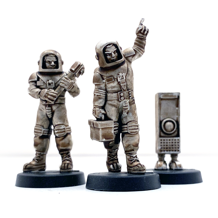 Unpainted 28mm sci-fi miniatures of Star Schlock's starship crew.
