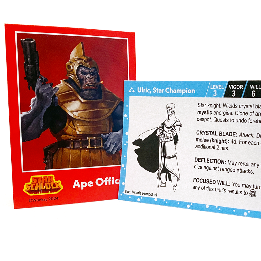 Star Schlock unit profile cards featuring full color artwork on one side and skirmish wargame abilities on the other.