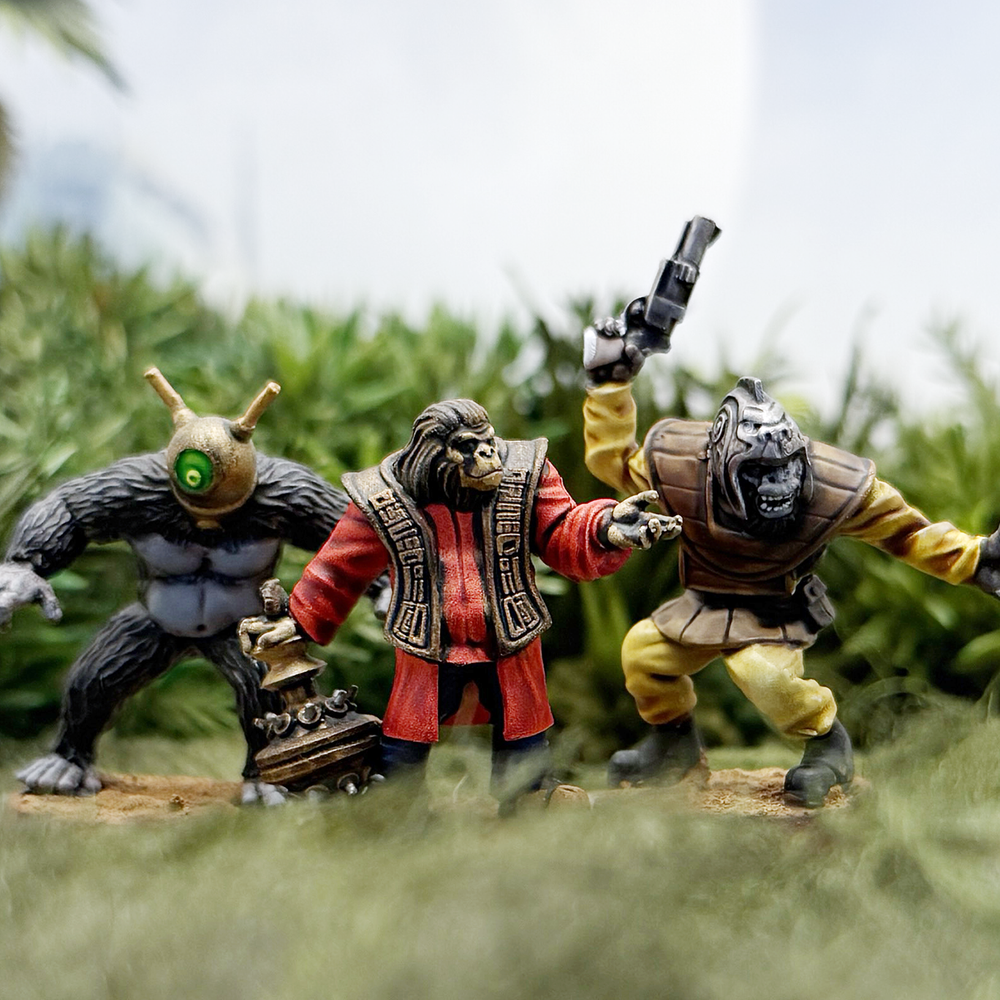 Painted 28mm miniatures of Star Schlock's space ape leaders.
