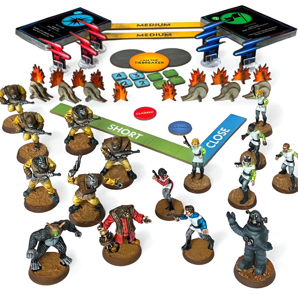 Collection of Star Schlock miniature figures and game components for playing a sci-fi slirmish wargame.
