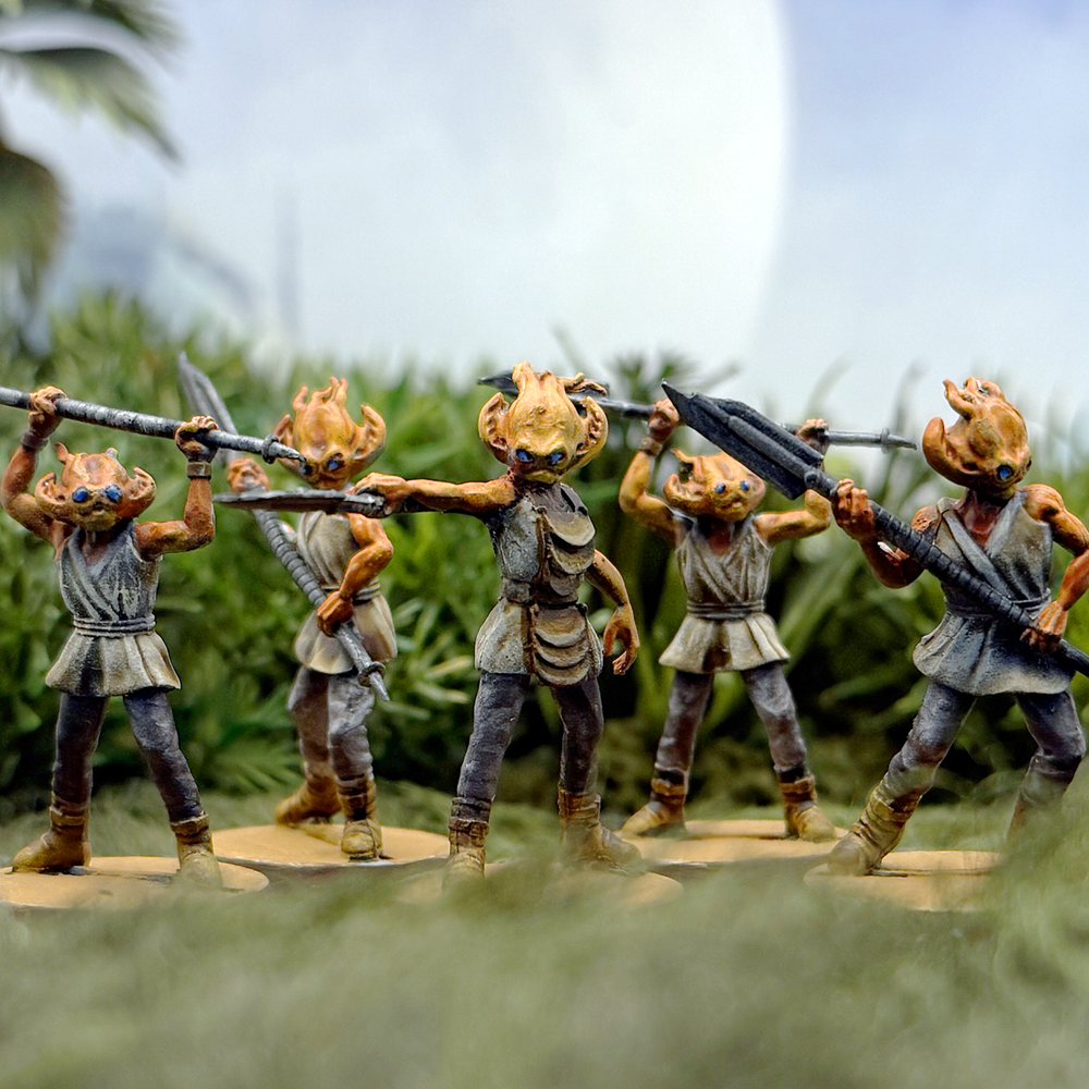 Painted 28mm miniatures of Star Schlock's alien melee infantry, the amphibian Beefheads. 