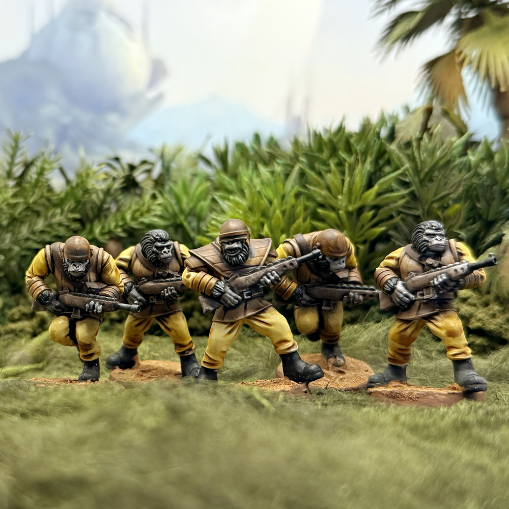Painted 28mm miniatures of Star Schlock's sci-fi space ape infantry, the Gorilla Grunts.