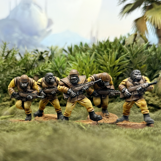 Painted 28mm miniatures of Star Schlock's sci-fi space ape infantry, the Gorilla Grunts.