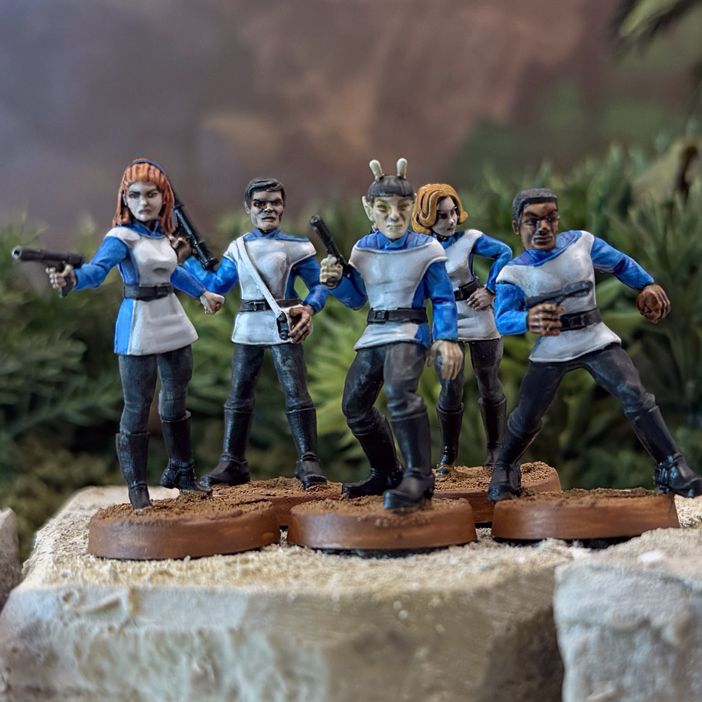 Painted 28mm miniatures of Star Schlock's sci-fi explorer landing party.