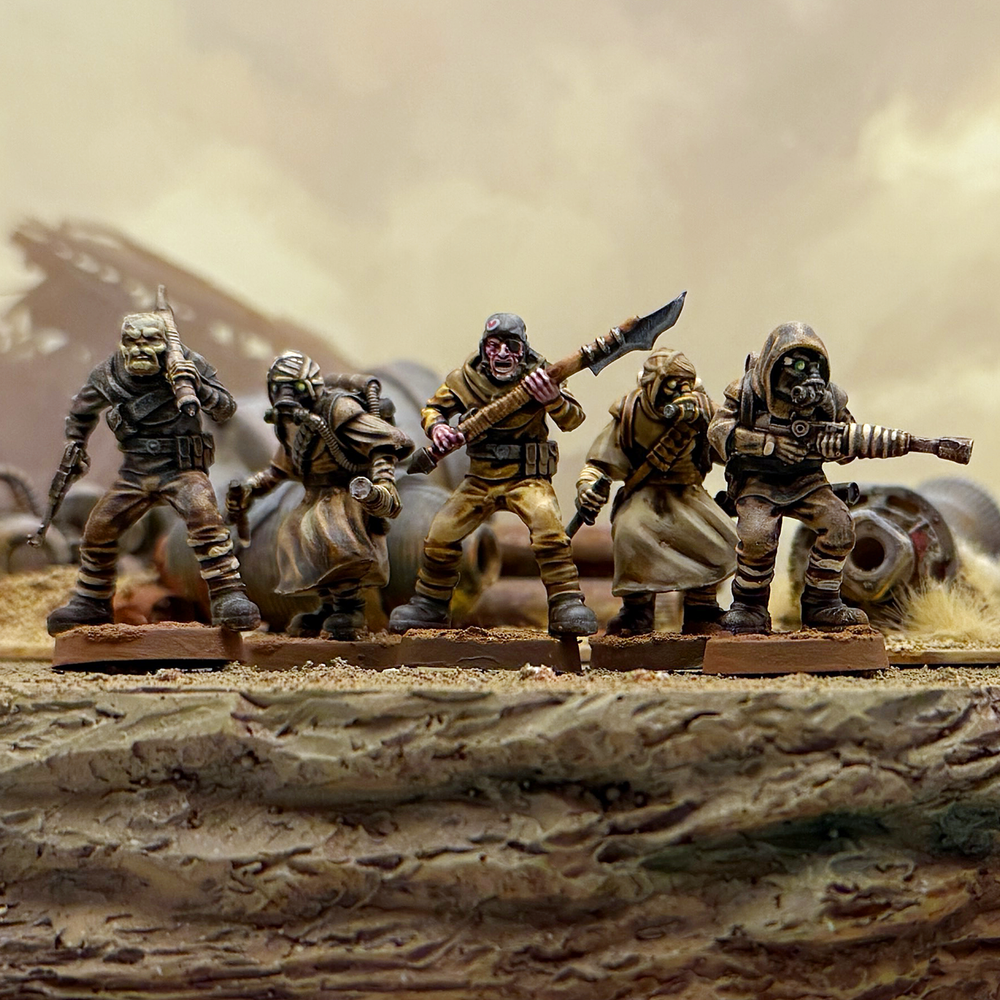 Painted 28mm miniatures of Star Schlock's scavenger mutants.