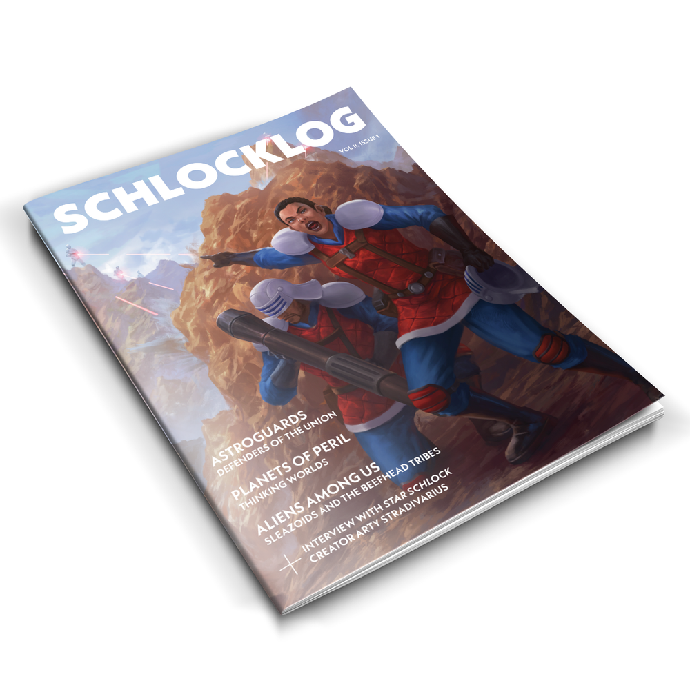 Schlocklog #1 magazine, featuring an overview of the universe for the Star Schlock skirmish game.