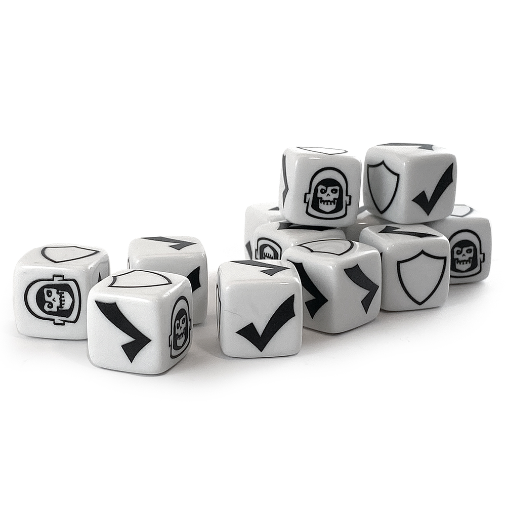 Set of white Star Schlock dice with black symbols