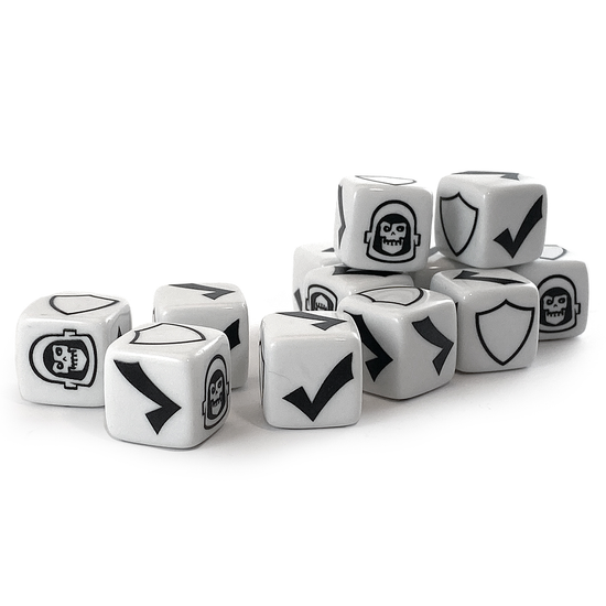 Set of white Star Schlock dice with black symbols