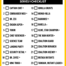 Star Schlock Series 1 Checklist with character names and rarity indicators.