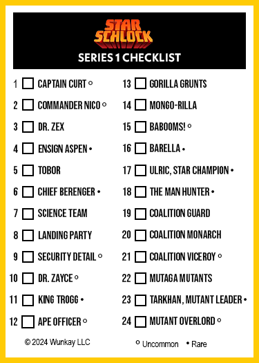 Star Schlock Series 1 Checklist with character names and rarity indicators.