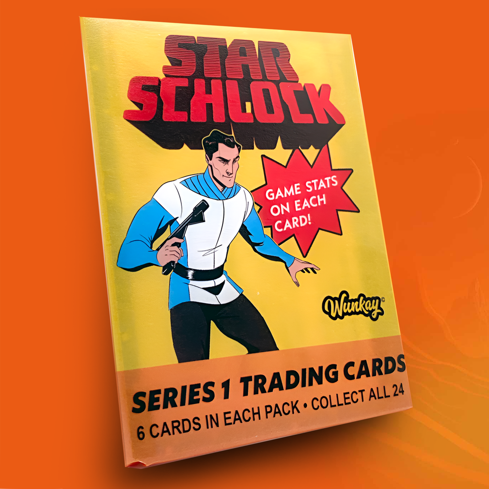 Star Schlock trading cards wax pack on orange background